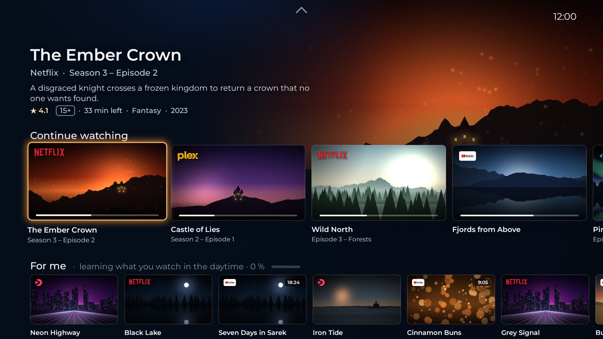 Aurum på en TV: The Ember Crown stort överst, raden Fortsätt titta och För mig under