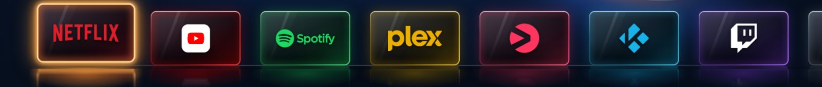 En rad appar: Netflix, YouTube, Spotify, Plex, Viaplay, Kodi och Twitch, med Netflix markerad i guld